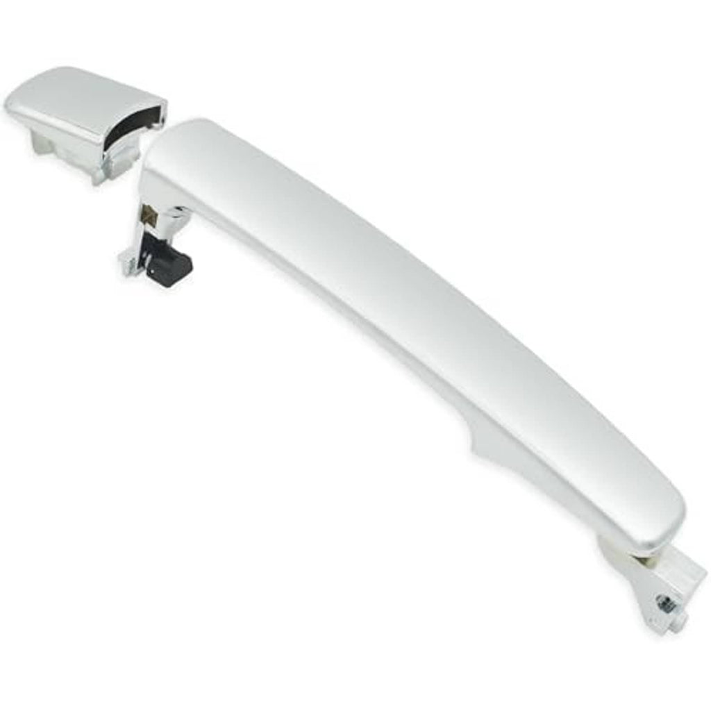 Chrome exterior door handle with mounting bracket and key cylinder cover