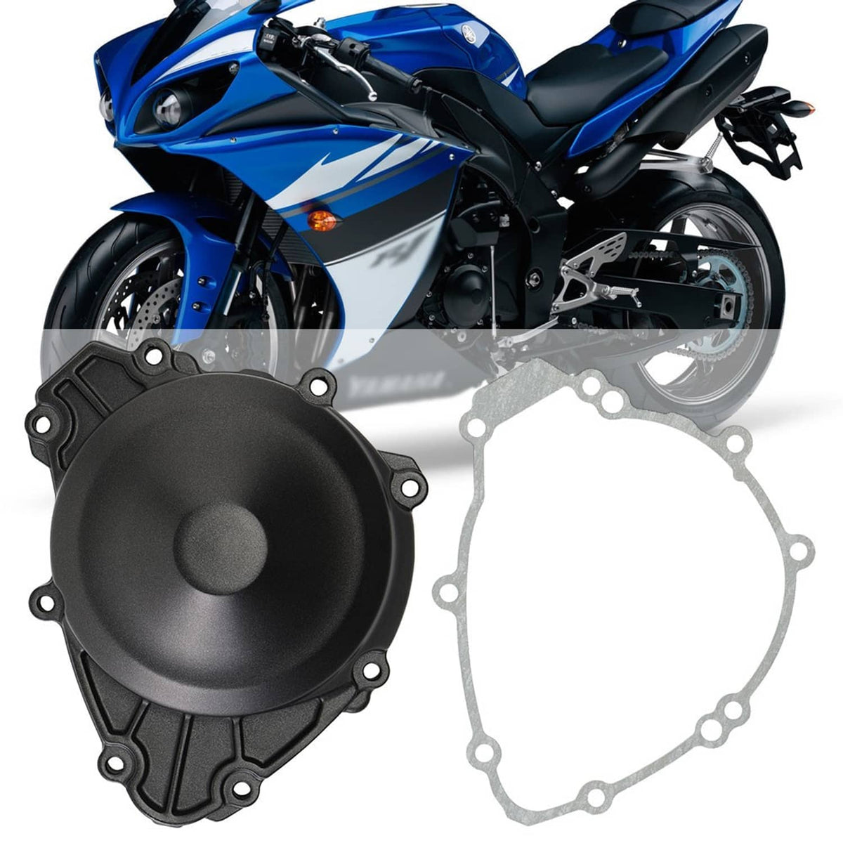 Engine crankcase cover and gasket set, matte black housing with mounting bolts