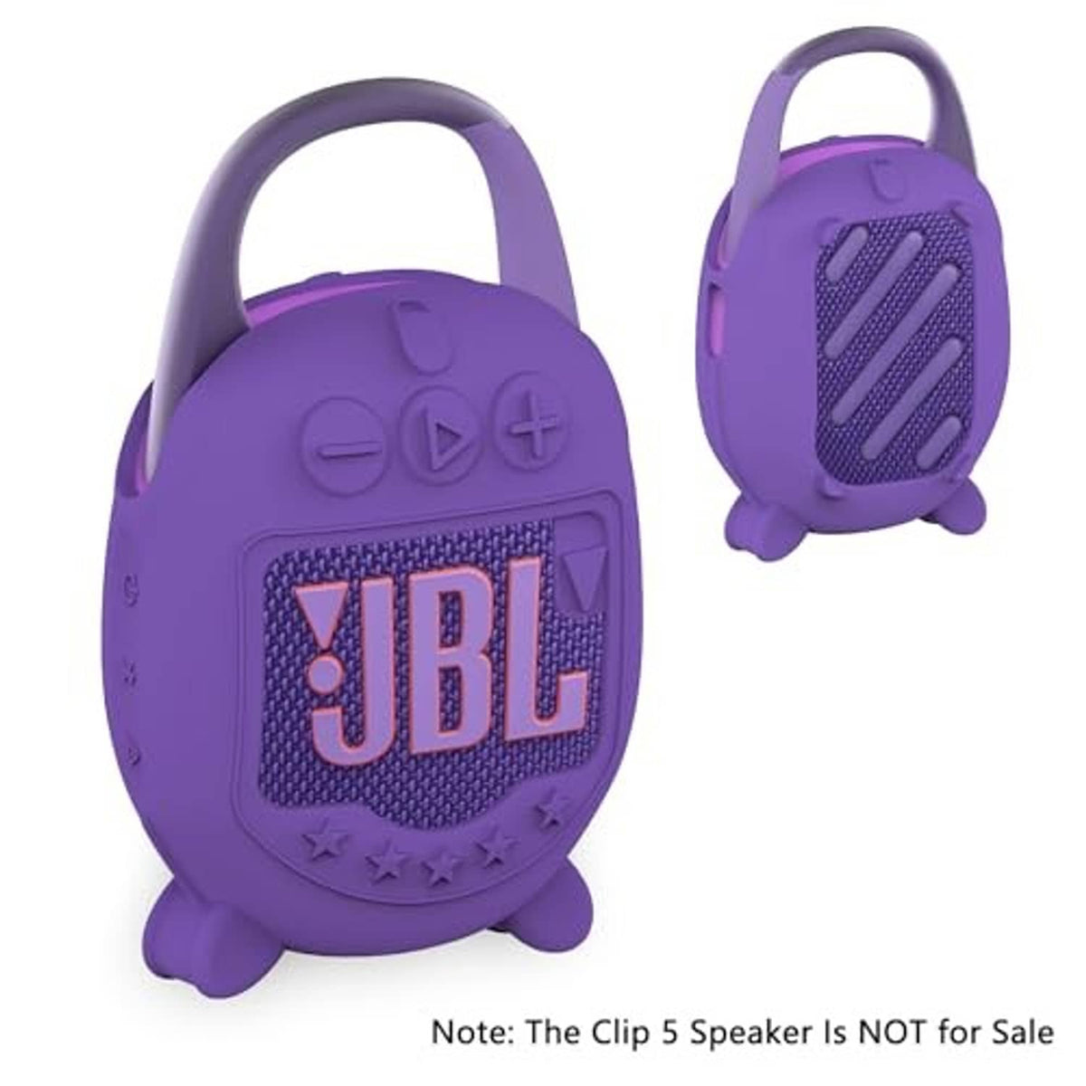 Purple silicone speaker case with front JBL logo window, plus side button details