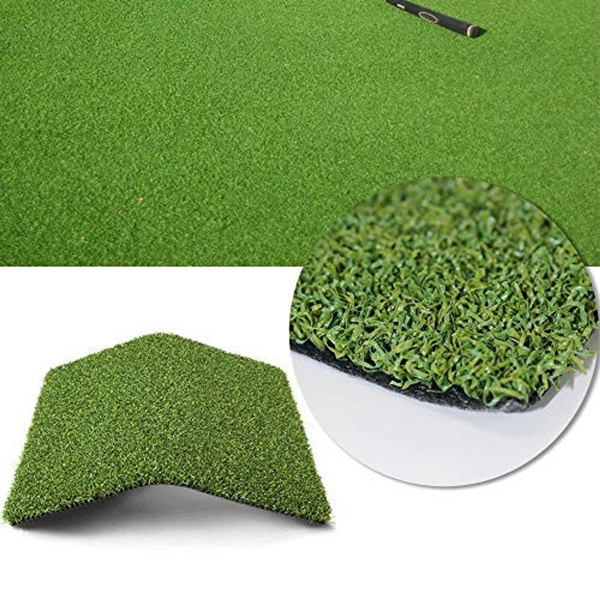 Green artificial grass putting mat with neatly trimmed edge and exposed turf backing