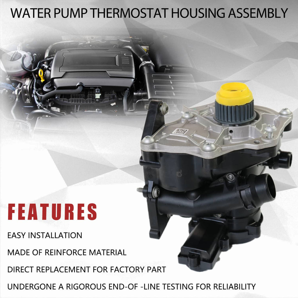 Water pump thermostat housing assembly with yellow cap and black intake pipes