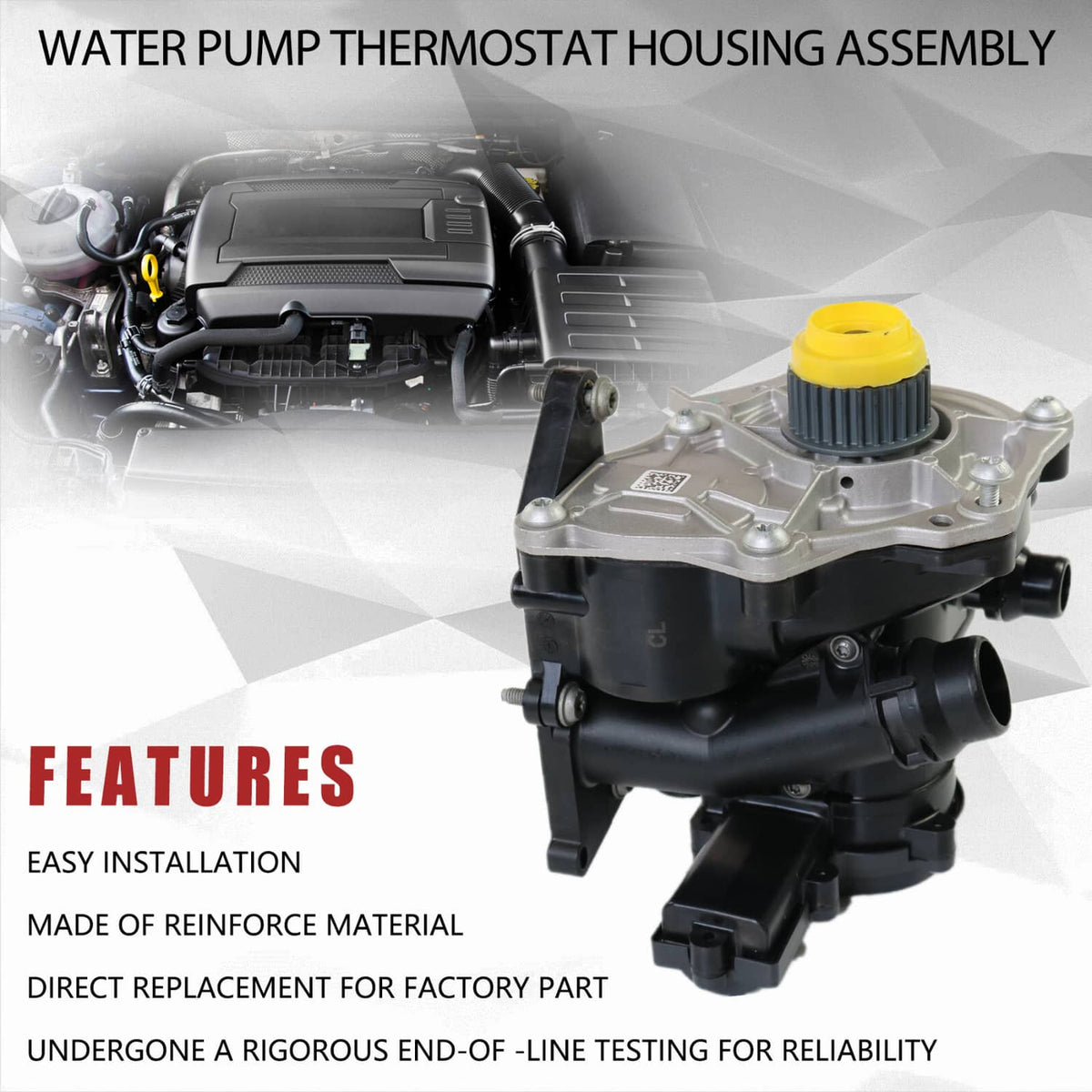 Water pump thermostat housing assembly with yellow cap and black intake pipes