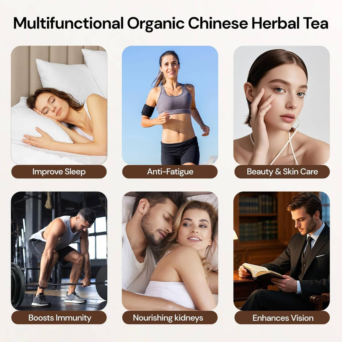 Organic Chinese herbal tea benefits infographic with sleeping, immunity, and skincare icons