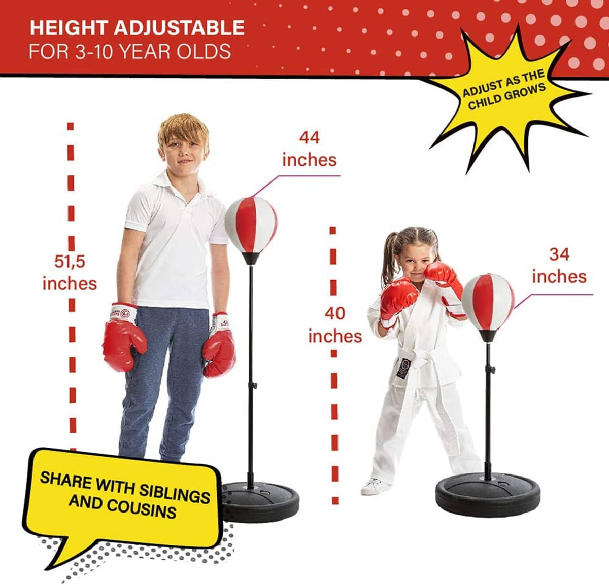 Height-adjustable kids standing punching bag with red-and-white ball and base