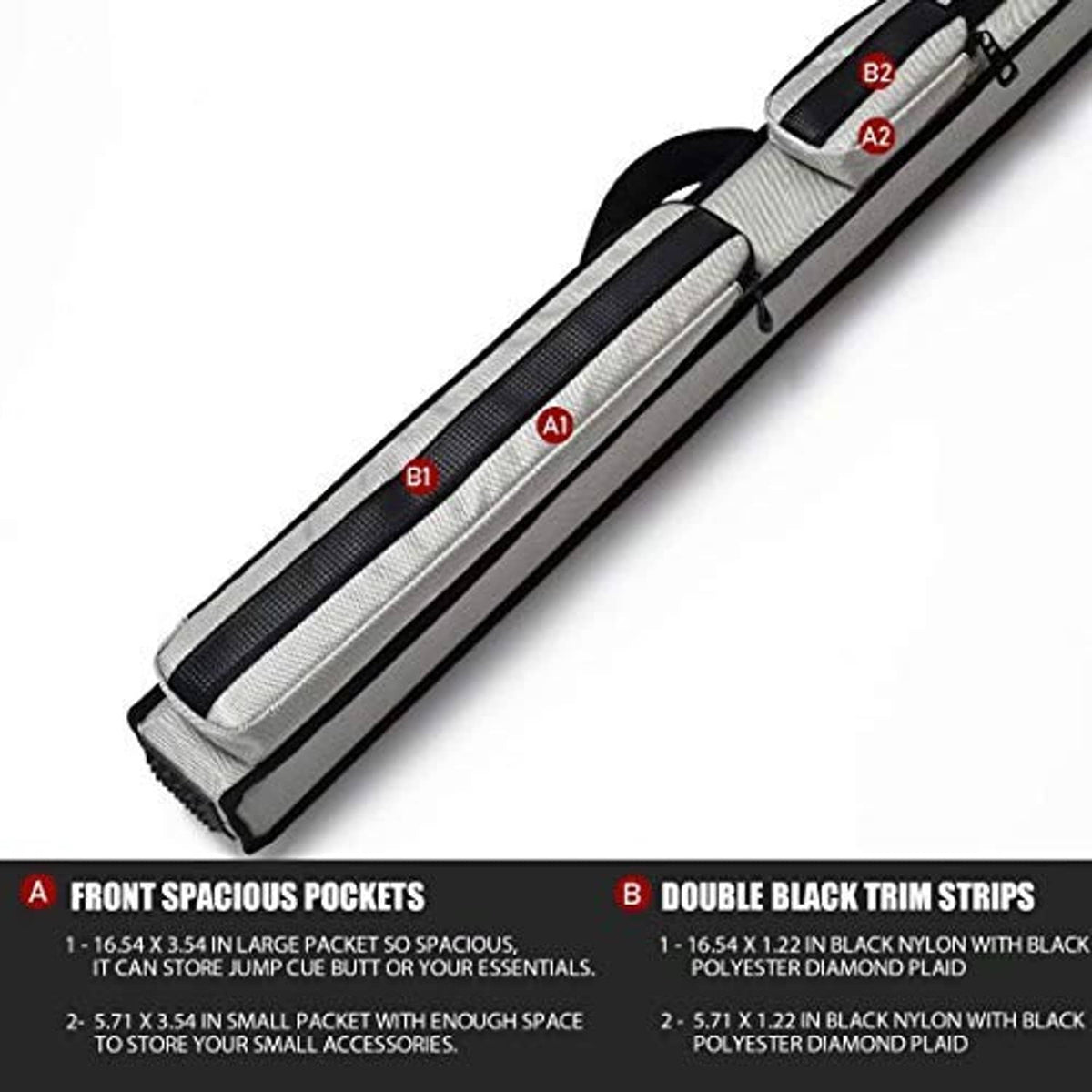 Silver gray cue case with black double-trim stripes and two padded front pocket panels