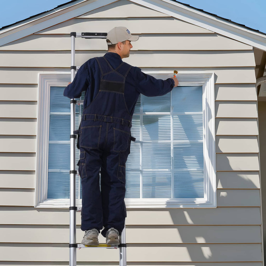 Extended telescoping ladder with silver rails and black rung supports