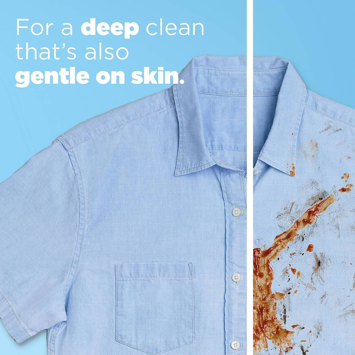 Laundry detergent pods; light blue button-up shirt with visible rust stain