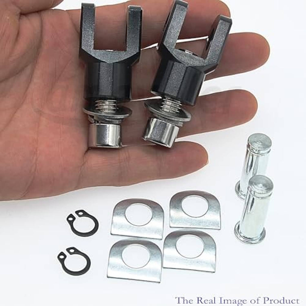 Black clevis mounts, threaded bolts, and washer plates held in hand with spare pins