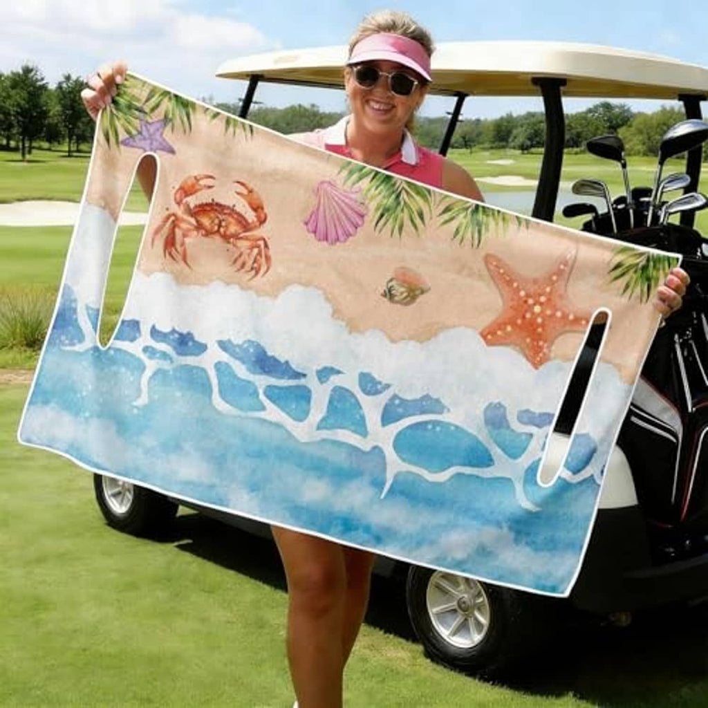 Golf cart seat cover unfolded with ocean waves, crab, starfish, shells and sea plants