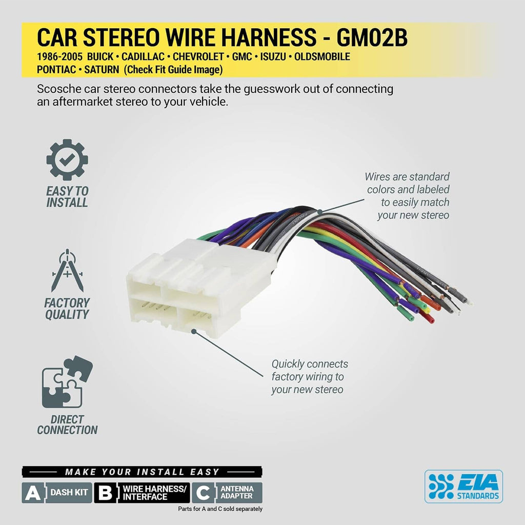 GM02B car stereo wiring harness with white plug and bundled multi-color wires