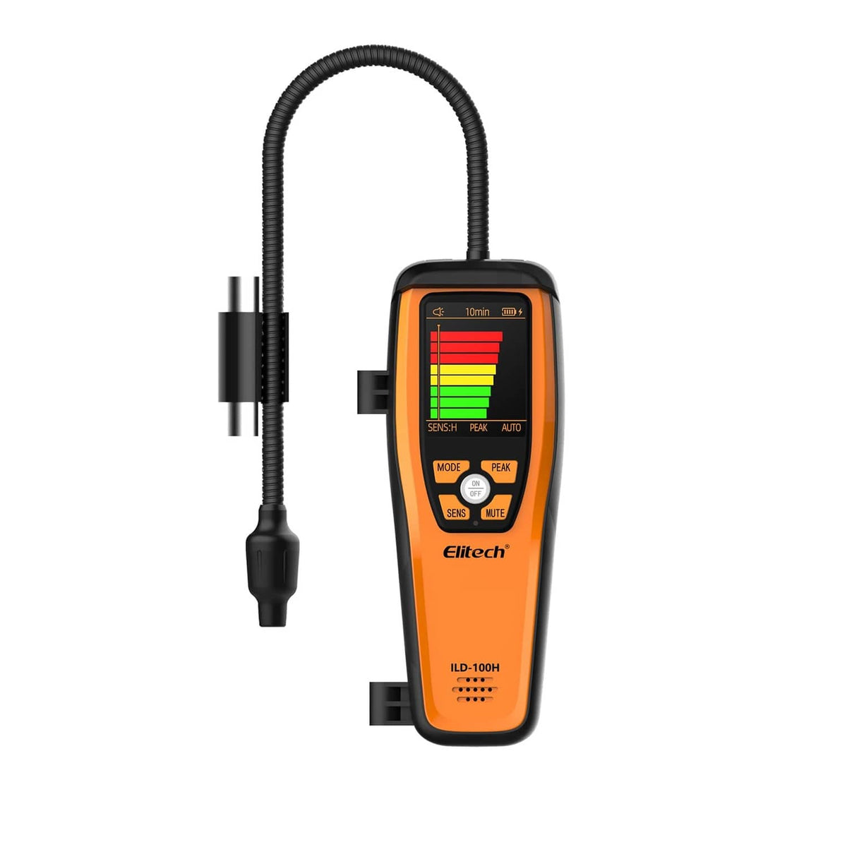 Handheld refrigerant leak detector with flexible probe and orange LCD display