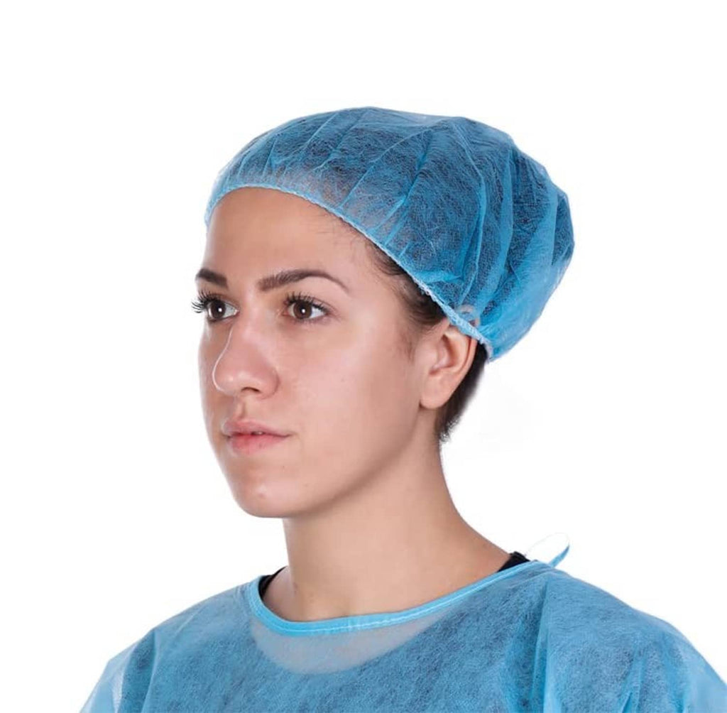 Blue disposable hair covering bouffant cap with gathered top and elastic band