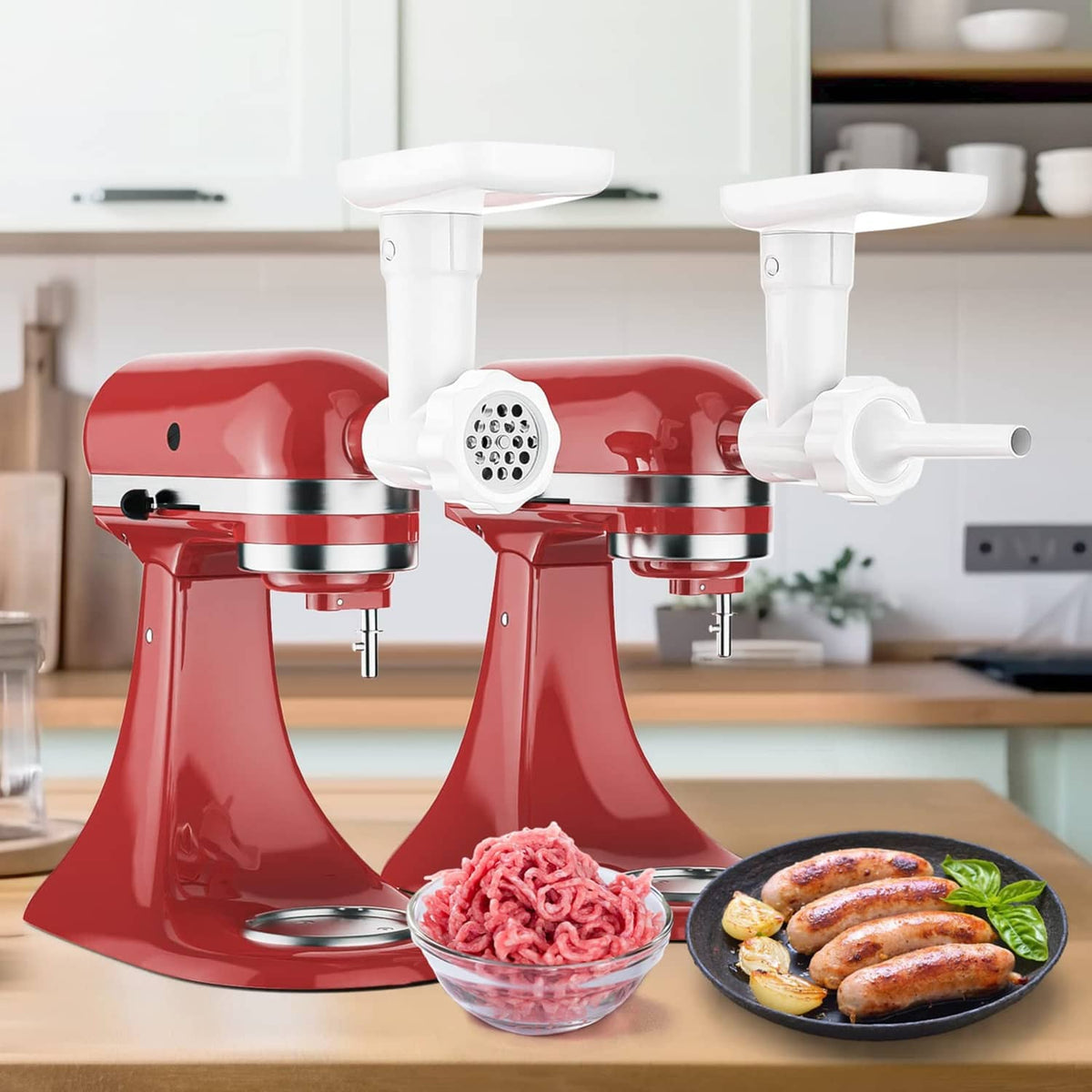 Two white fruit and vegetable strainer attachments with mesh barrels and outlet spouts