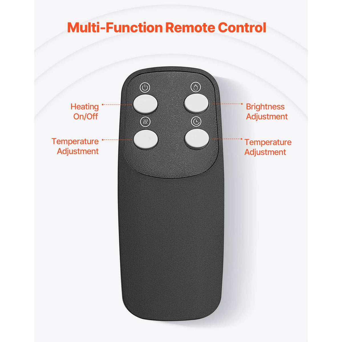 Black remote control with buttons for electric fireplace heater settings