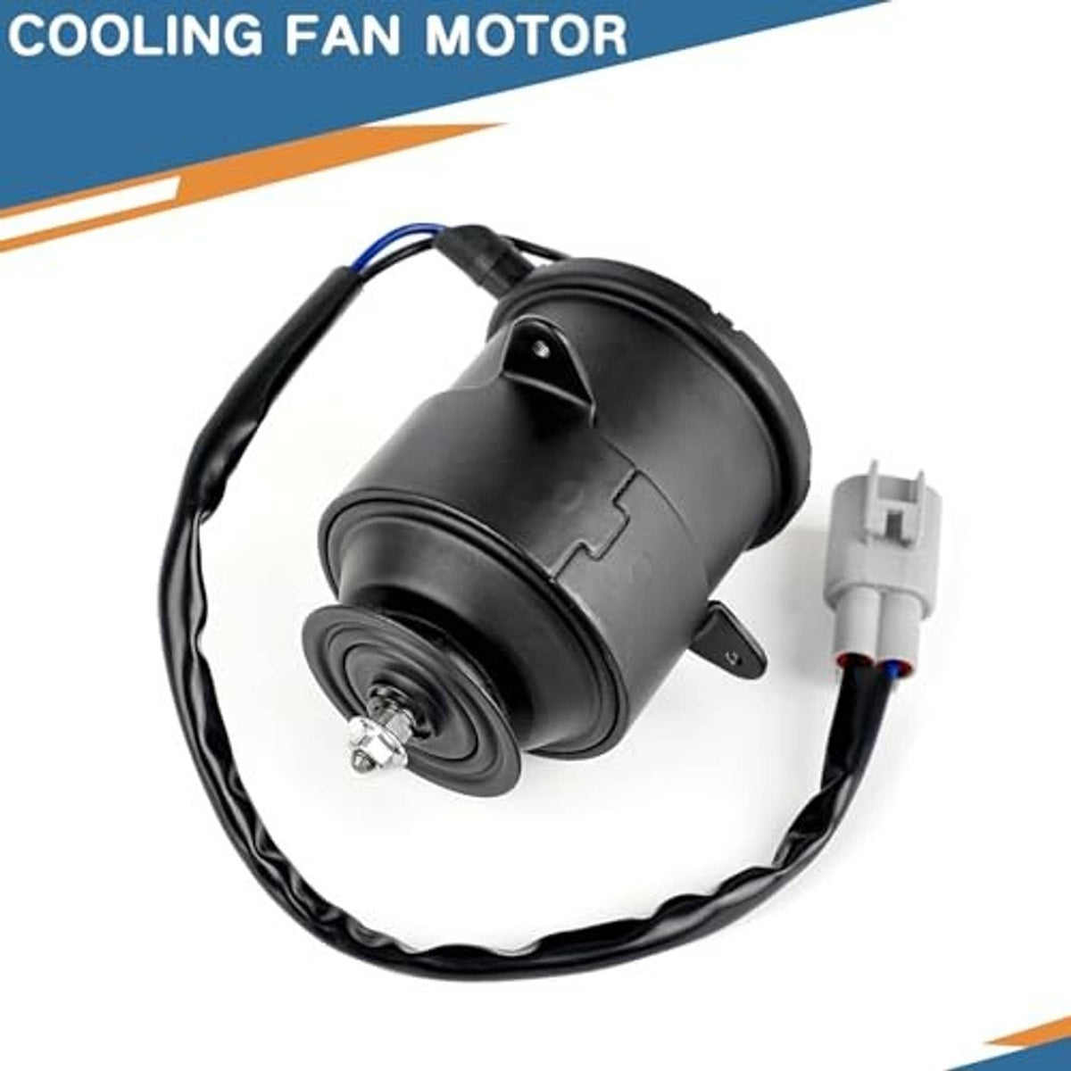 Radiator cooling fan motor with black cylindrical body and gray electrical plug