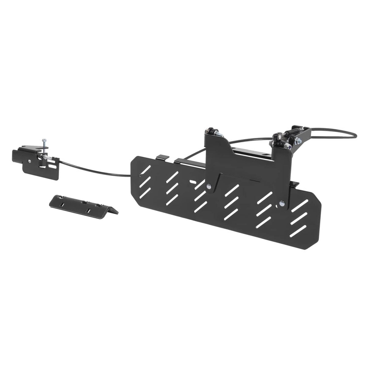 Mower chute blocker kit with black shield panel and adjustable mounting arm, cables