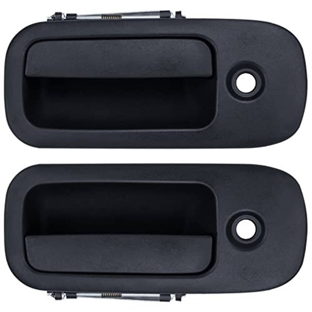 Exterior door handle, dark gray/black with round keyhole opening and lower release clip