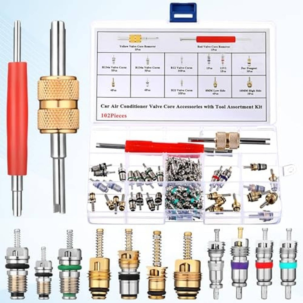 Car A/C valve core repair kit with gold service valve tool and assorted valve cores