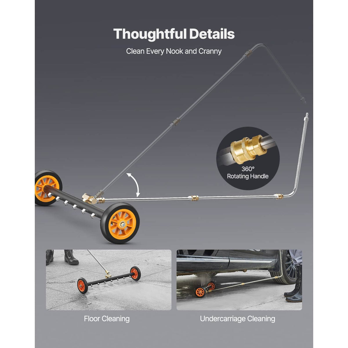 Undercarriage cleaner with rotating handle, orange wheels, and U-shaped frame for wide coverage
