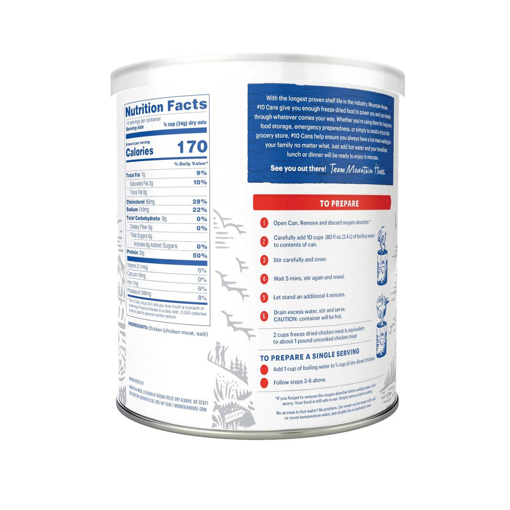 Mountain House diced chicken #10 can, back panel with nutrition facts and directions