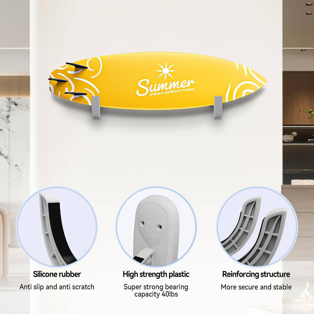 Gray wall-mount rack securing a yellow surfboard with anti-slip, reinforced support braces.