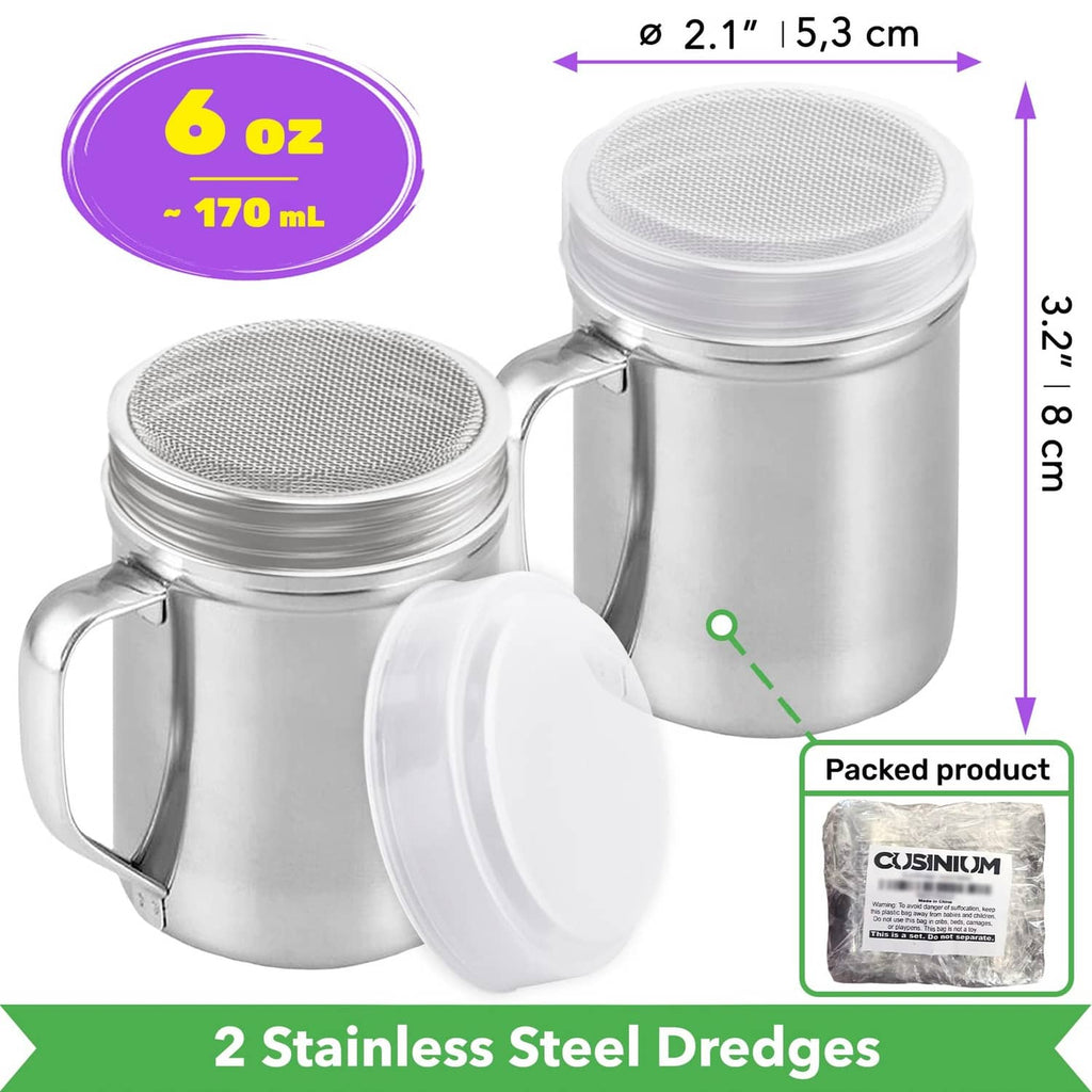 Stainless steel powdered sugar shaker duster with fine mesh lid and handle, 6 oz