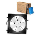 Radiator cooling fan assembly with black shroud and white 5-blade electric fan