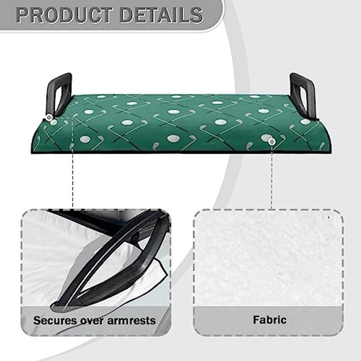 Green golf cart seat towel with white club pattern and black side armrest openings
