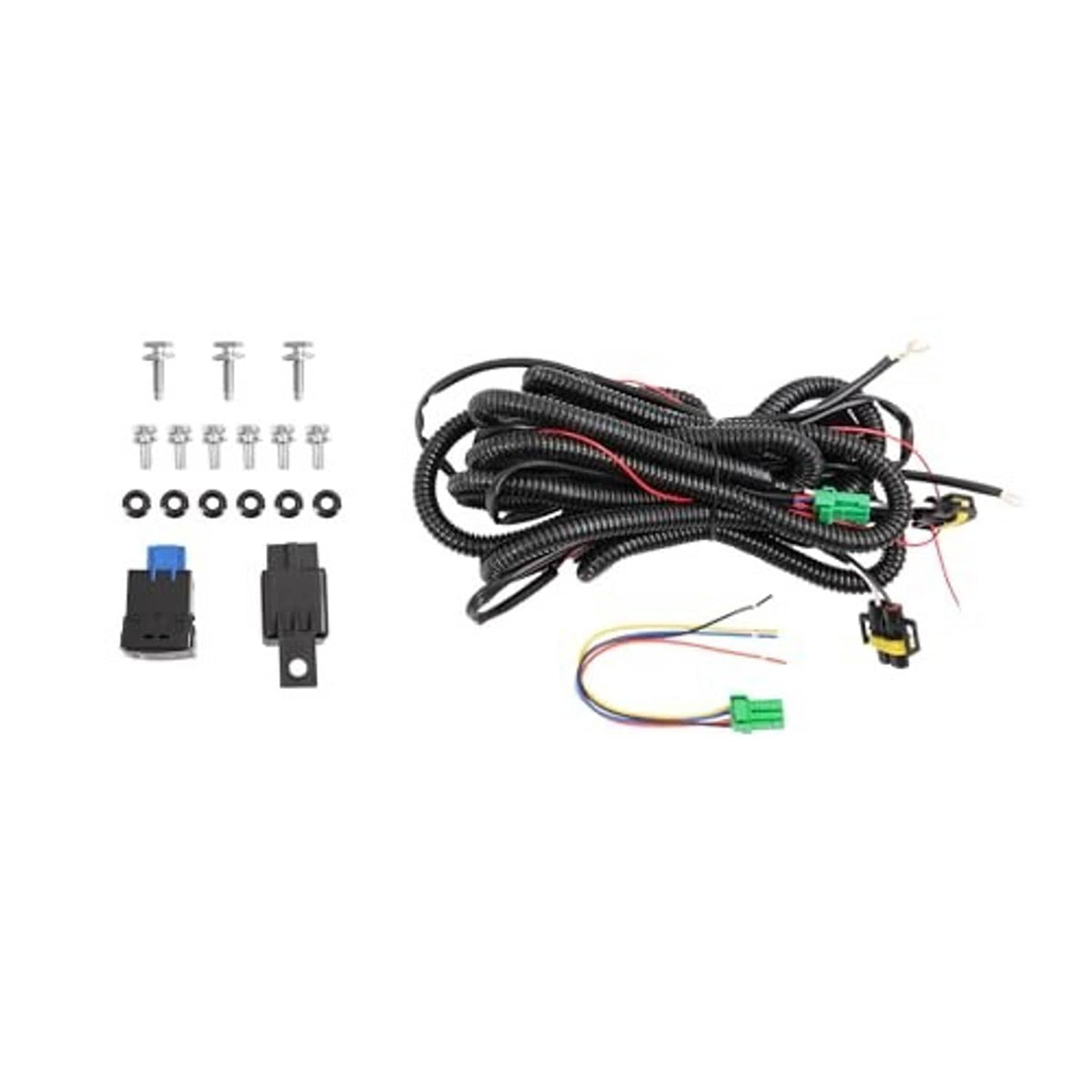 Fog light wiring harness kit with connectors, fasteners, and included hardware