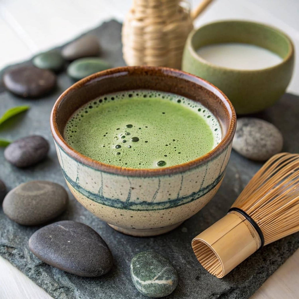 Ceramic matcha cup with frothy green tea and bamboo whisk