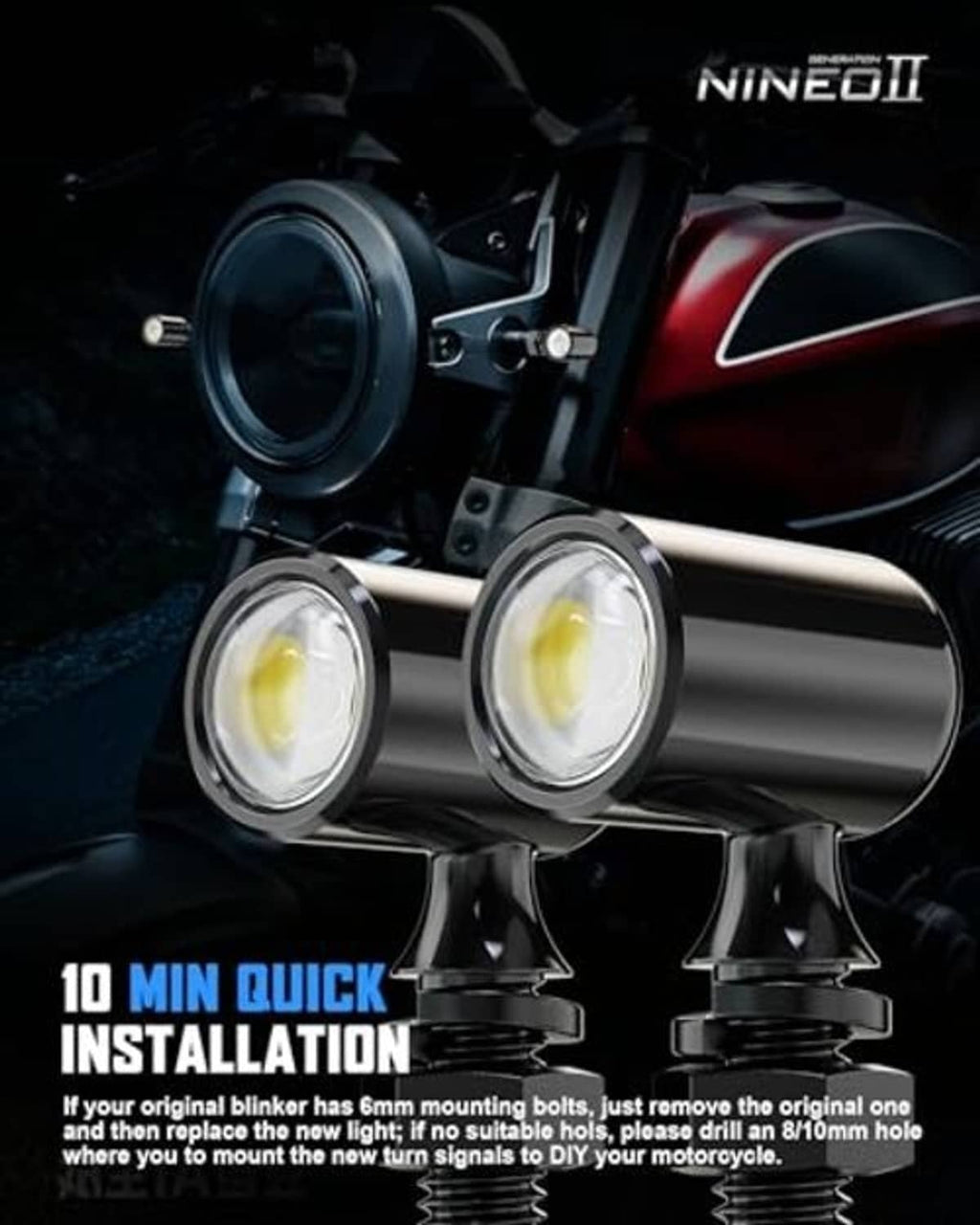Pair of mini LED motorcycle turn signals with amber lenses and black mounting brackets.