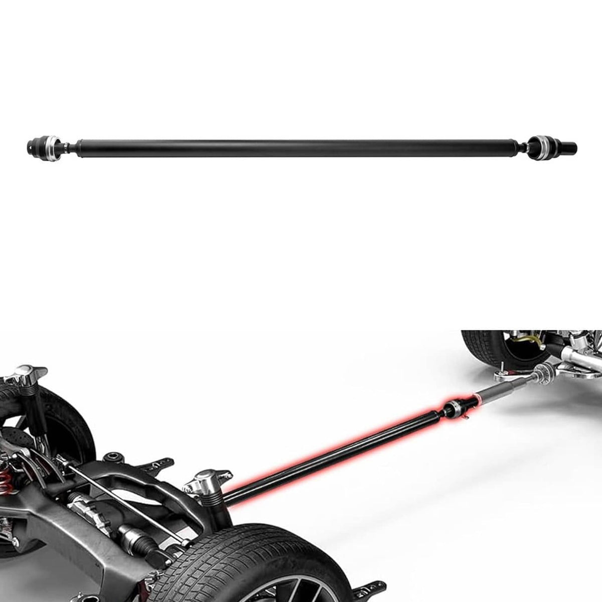 Black front drive shaft with two end fittings and rubber-seated couplers