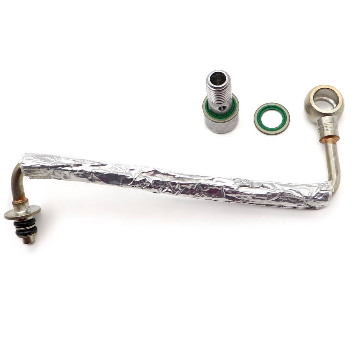 Turbo oil feed pipe tube with foil insulation plus loose threaded insert, O-ring, and washer