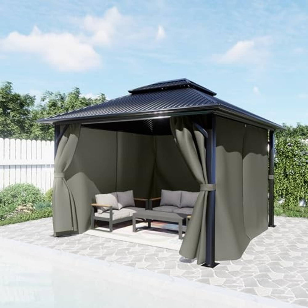 Olive-green gazebo privacy curtains with full side drape and center tie closures