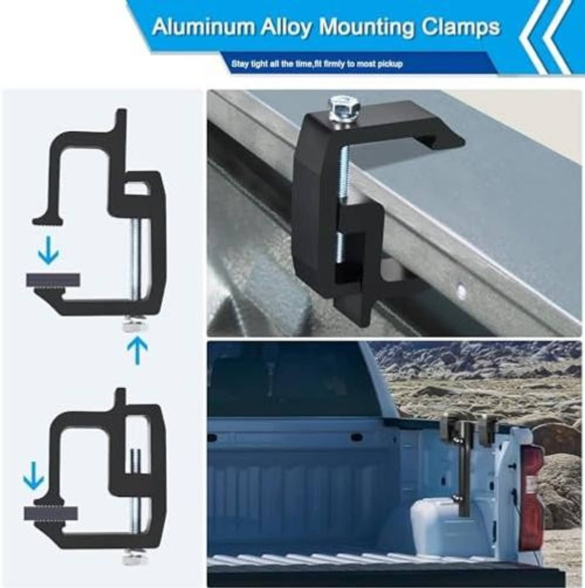 Black aluminum mounting clamp system with bolts for truck bed side rail