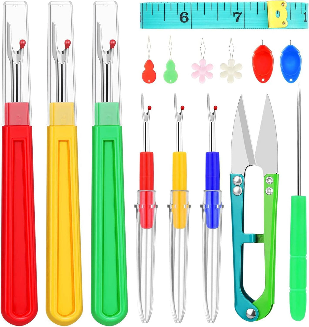 Seam ripper set showing multiple tools with red, yellow, green, and blue handles