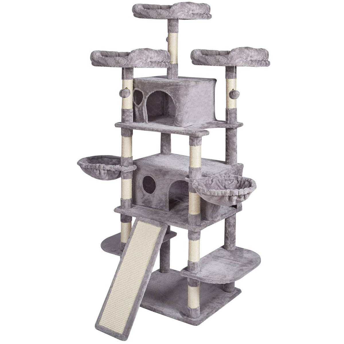 Gray cat tree with three levels, circular door condos, and beige scratching posts