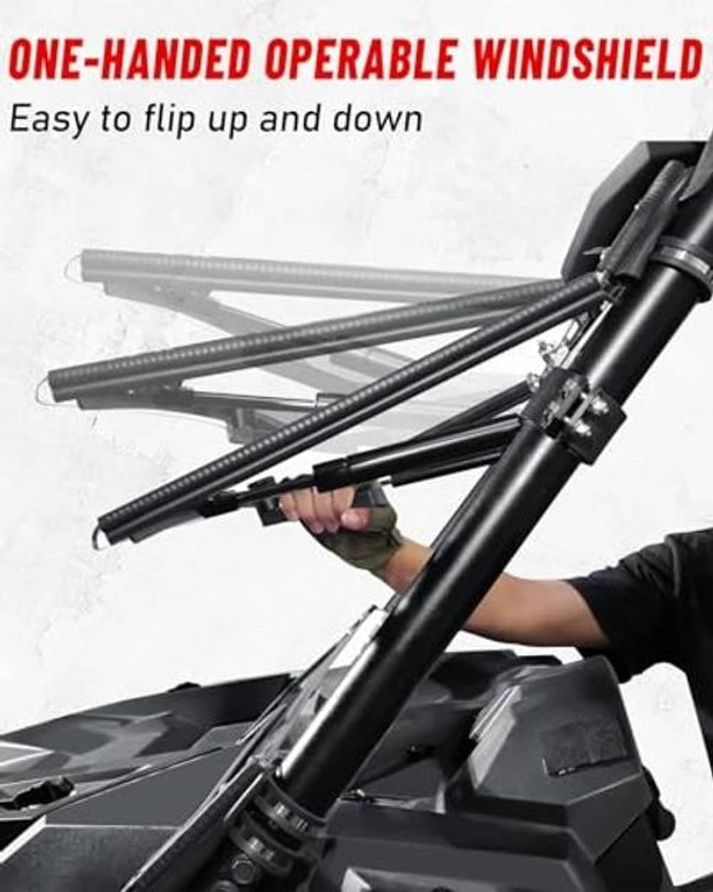 Flip-up UTV windshield with hinge arms, designed for easy one-handed operation