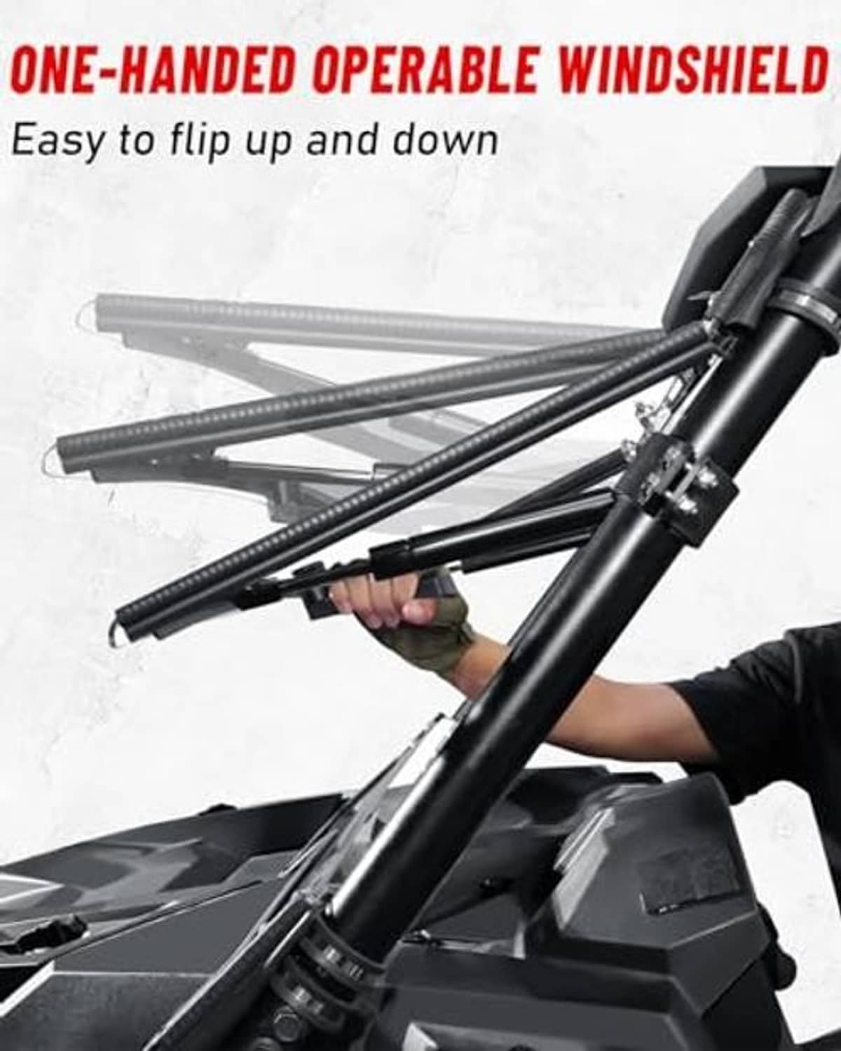 Flip-up UTV windshield with hinge arms, designed for easy one-handed operation
