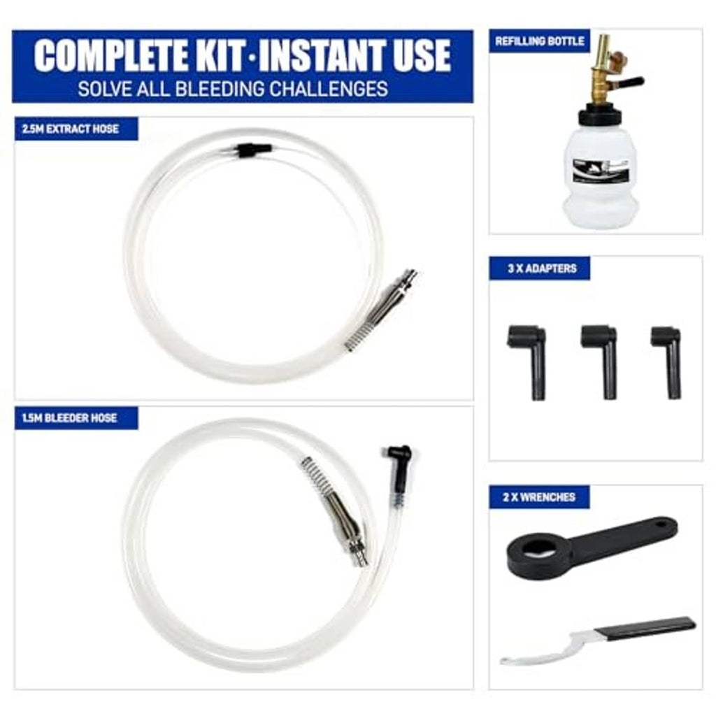 Brake bleeder kit includes white refill bottle, hoses, adapters, and wrenches