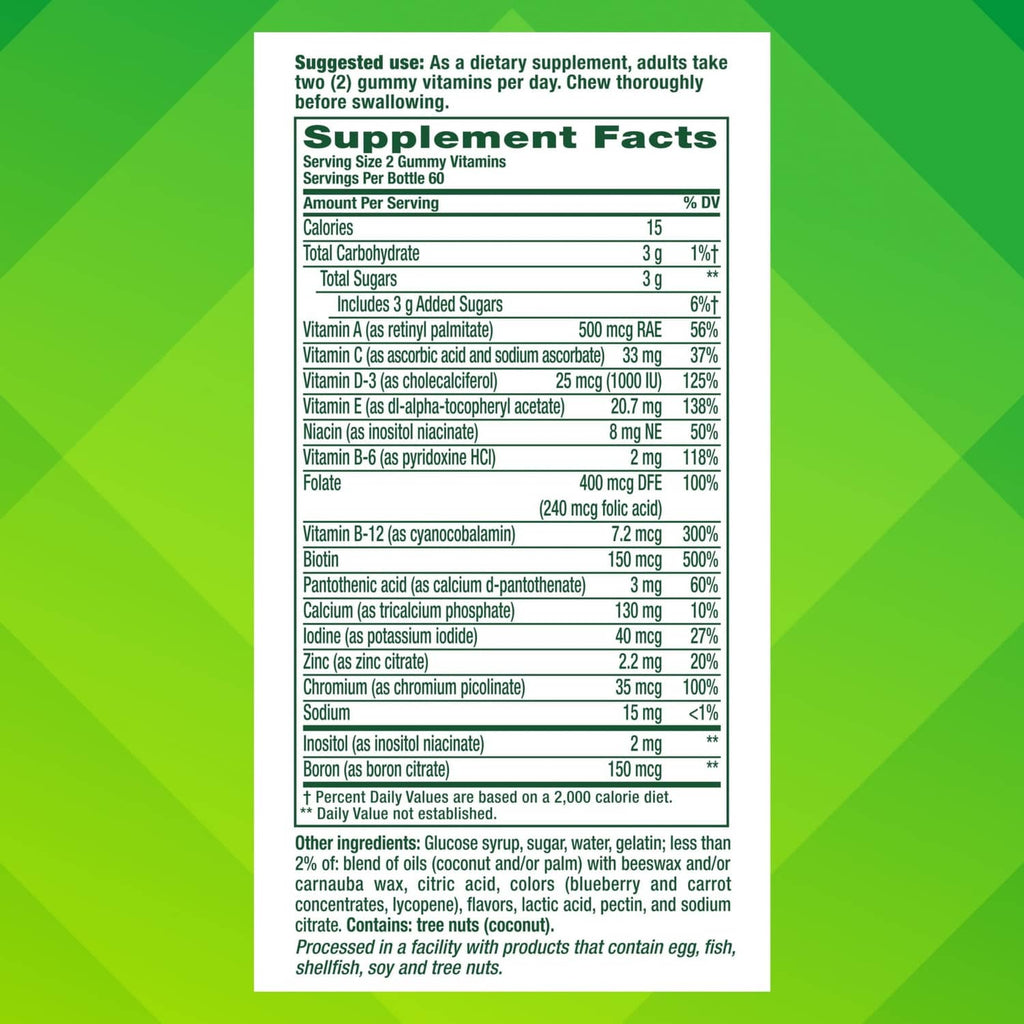 Multivitamin gummy Supplement Facts label on green back-of-bottle panel