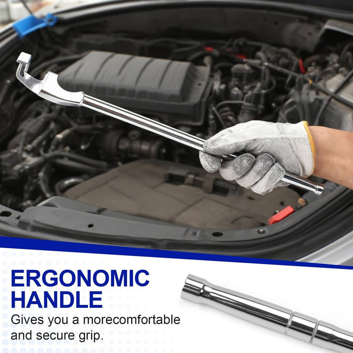 Silver wrench extender tool on engine bay with gripped handle section