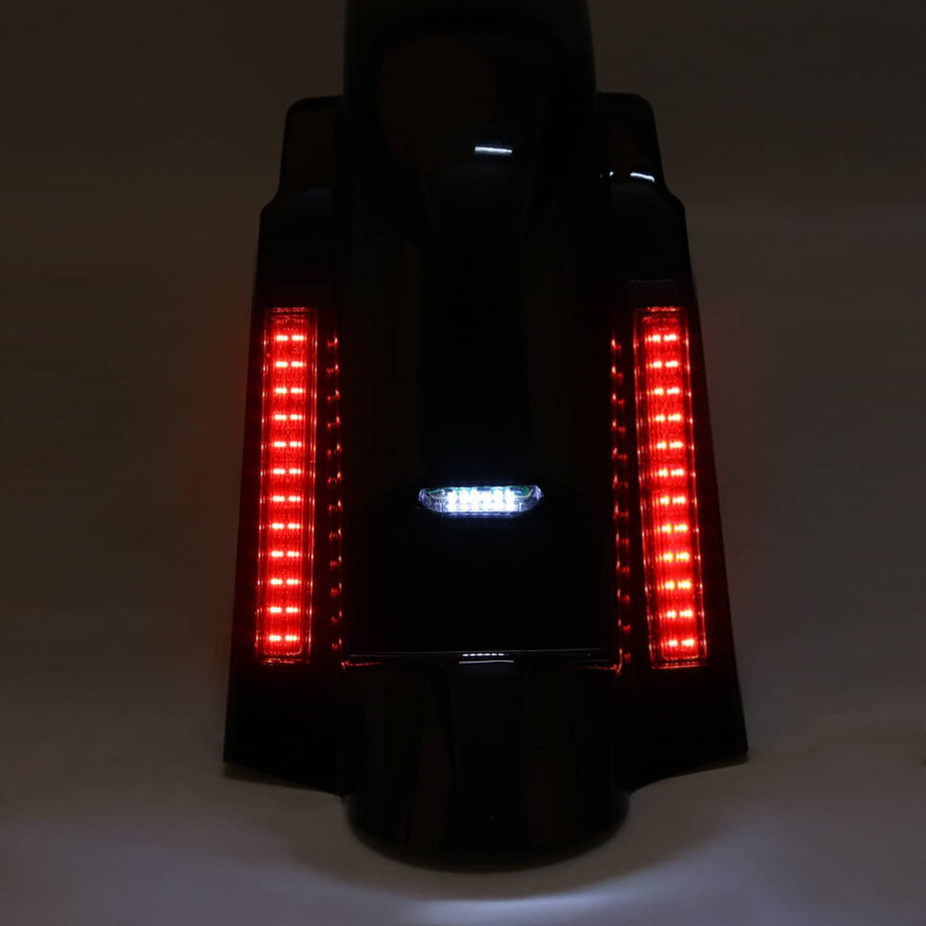 Rear LED fender with illuminated red vertical bars and center blue marker light
