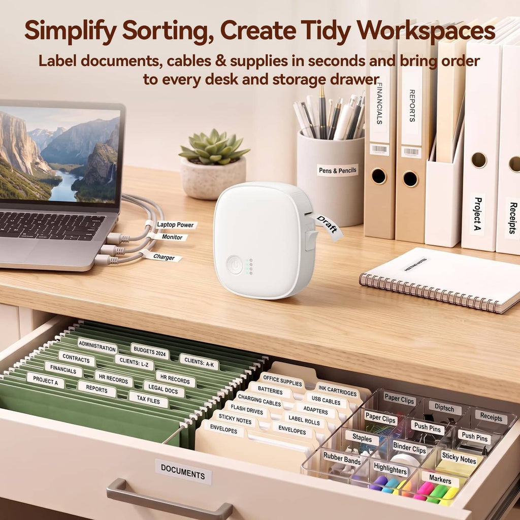 White mini label maker centered on desk with binders and office supplies