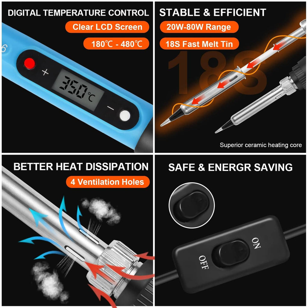 Soldering iron with blue digital temperature display and on/off switch