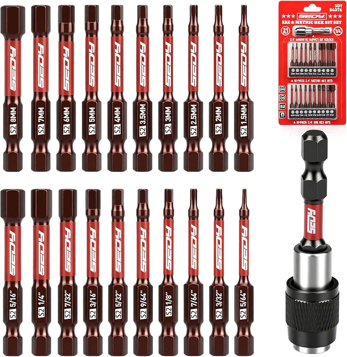 21-piece hex head Allen bit set with 1/4in hex shanks and drill screwdriver bits