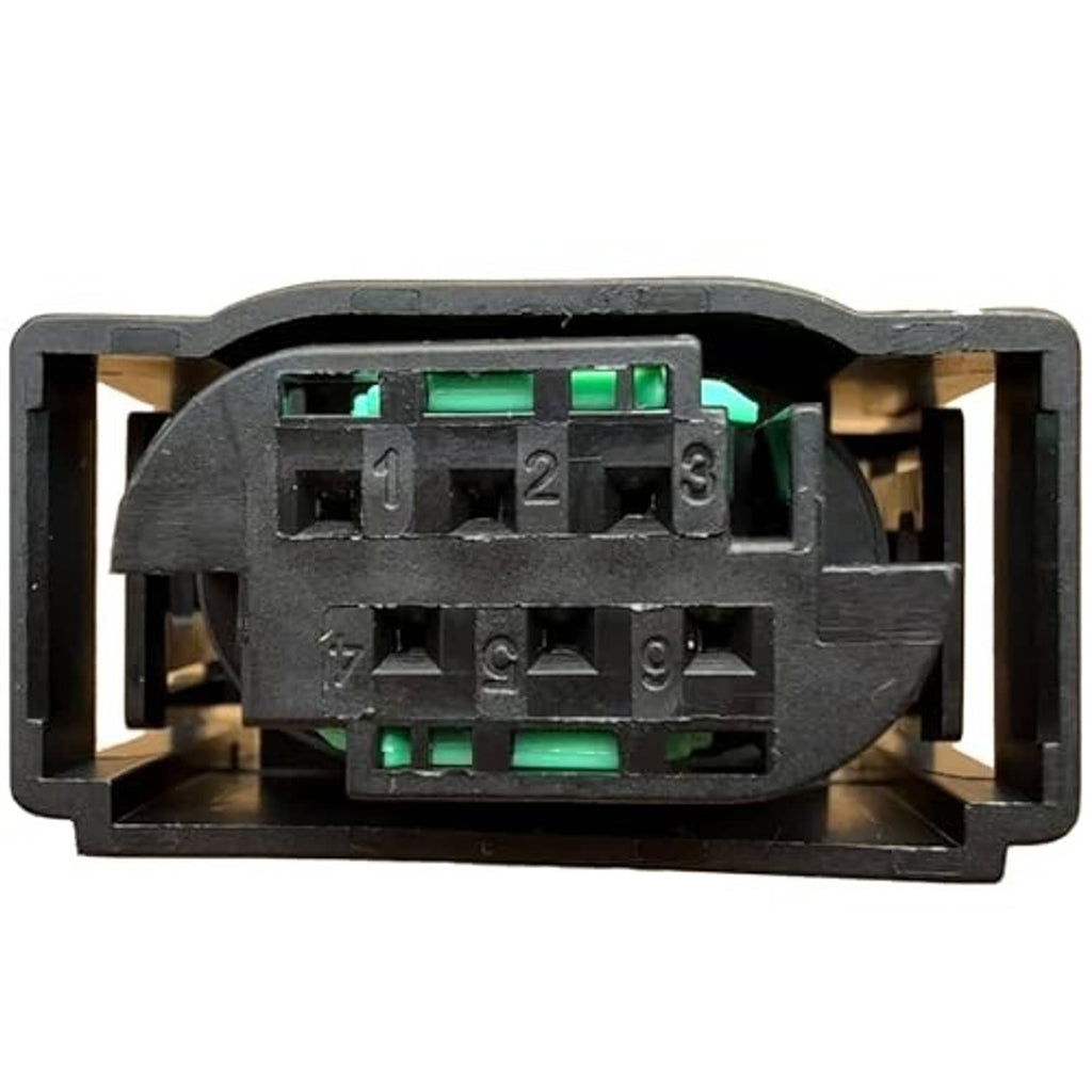 Sensor connector wiring harness plug with exposed green terminals and black casing