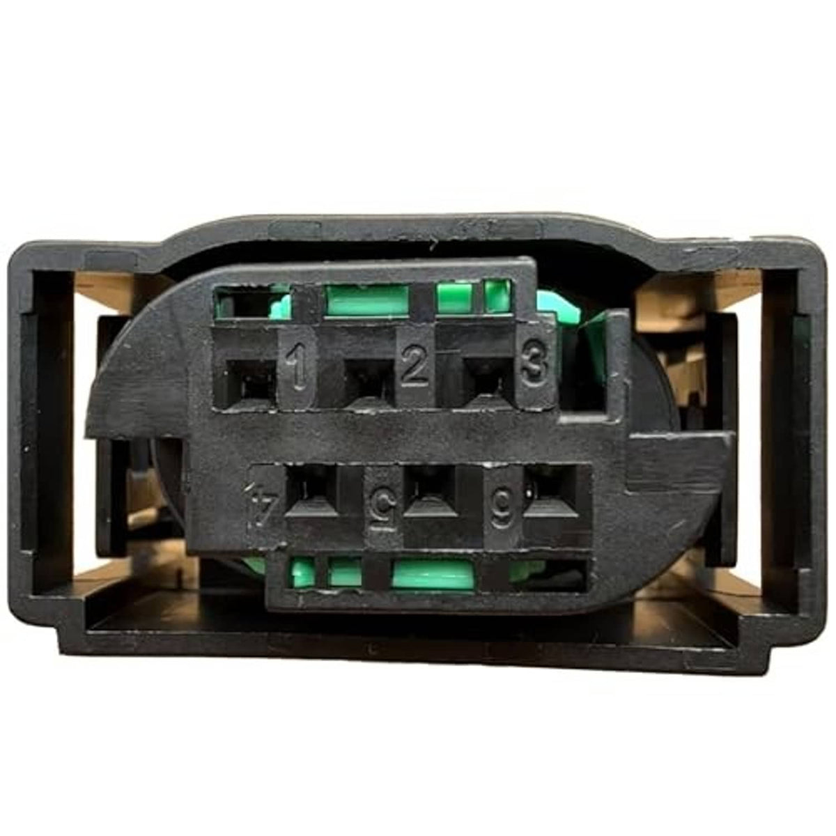 Sensor connector wiring harness plug with exposed green terminals and black casing