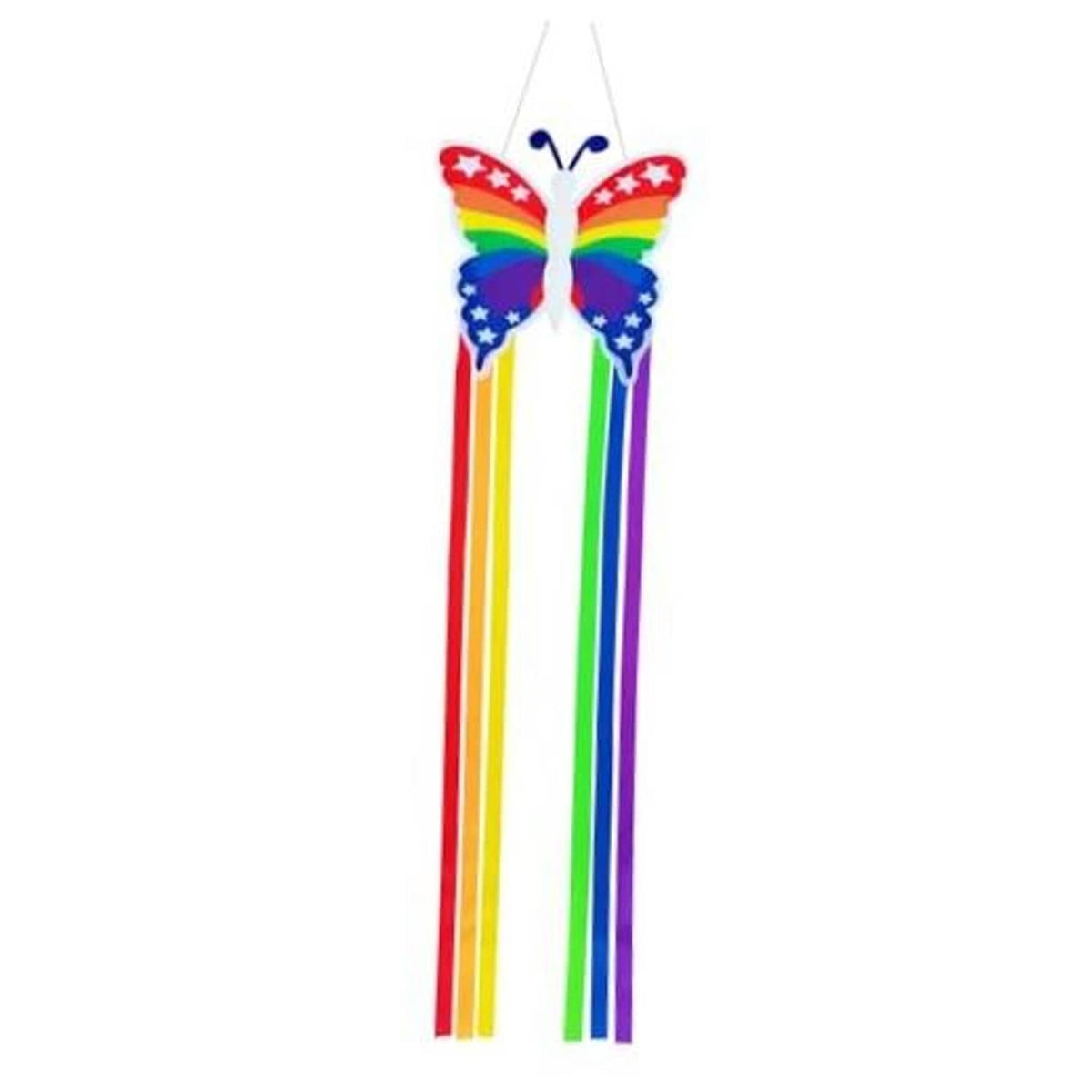 Rainbow butterfly windsock with rainbow ribbon streamers and red star wings