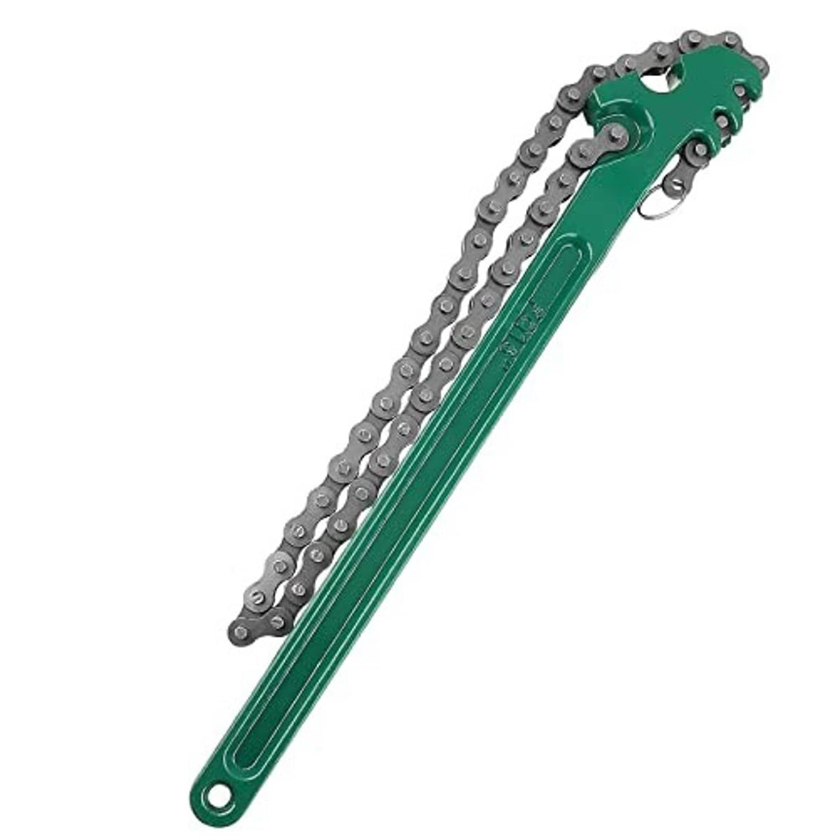 Green chain wrench tool with silver roller chain and ratcheting head, angled view